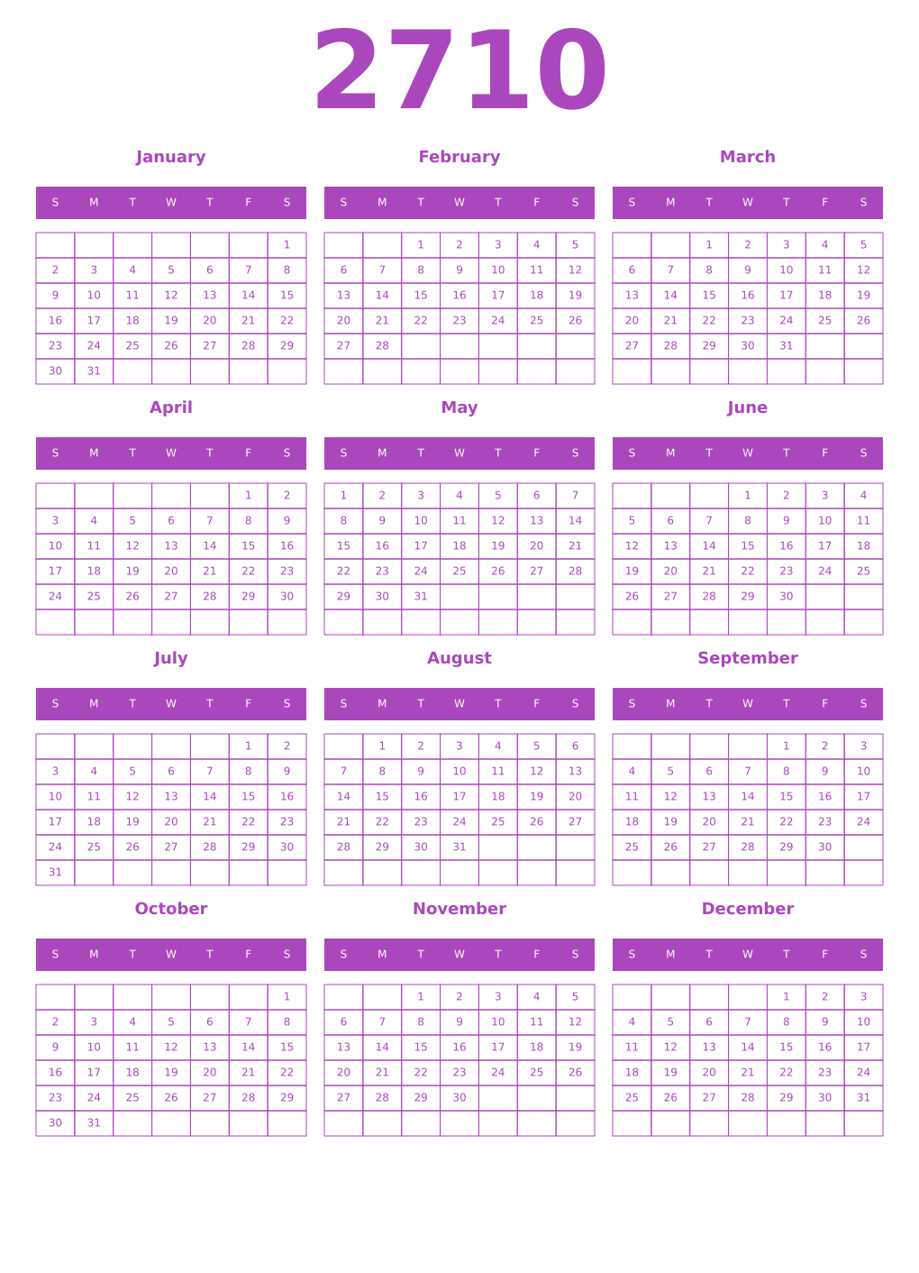 Printable 2710 Year Calendars purple