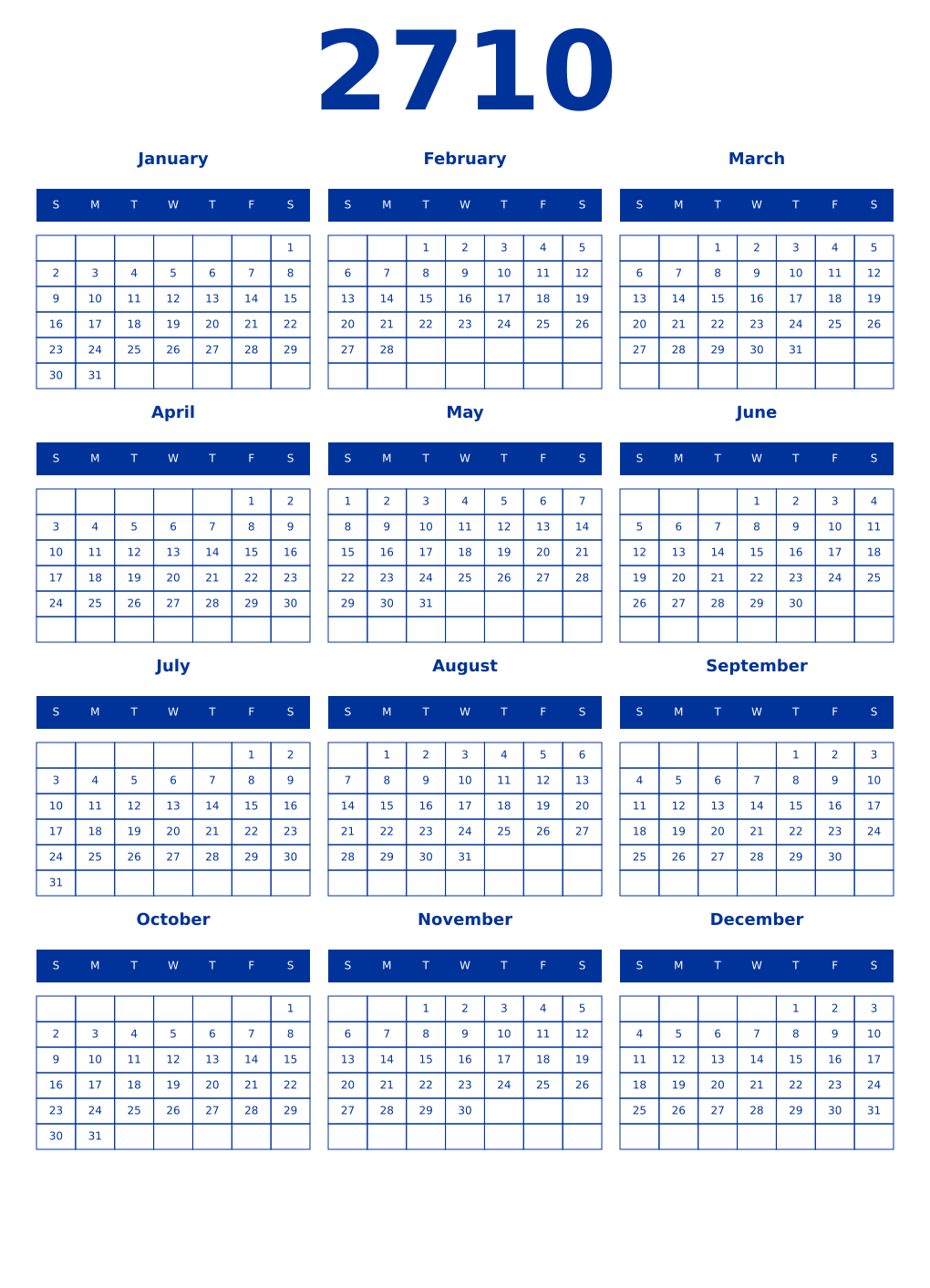 Printable 2710 Year Calendars smalt