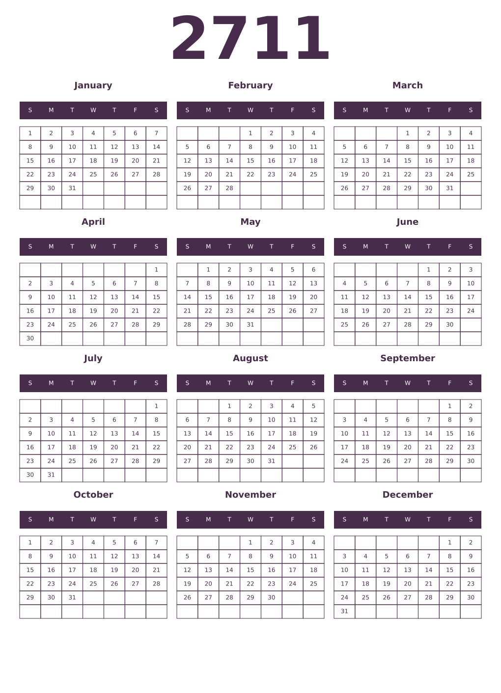 Printable 2711 Year Calendars aubergine