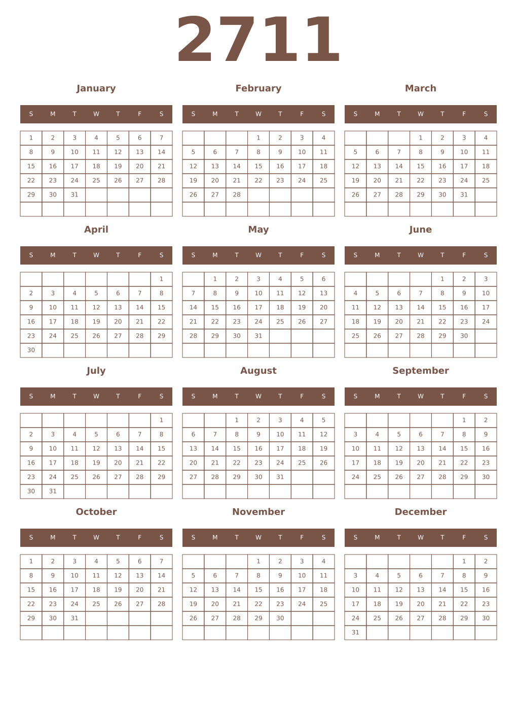 Printable 2711 Year Calendars coffe