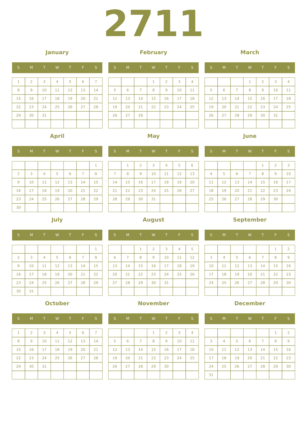 Printable 2711 Year Calendars eburnean