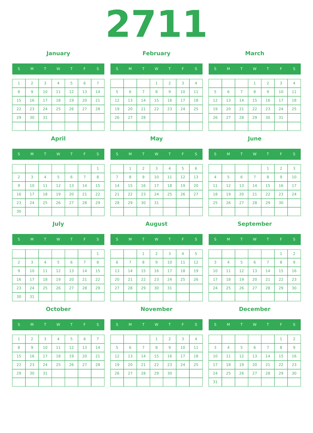 Printable 2711 Year Calendars green