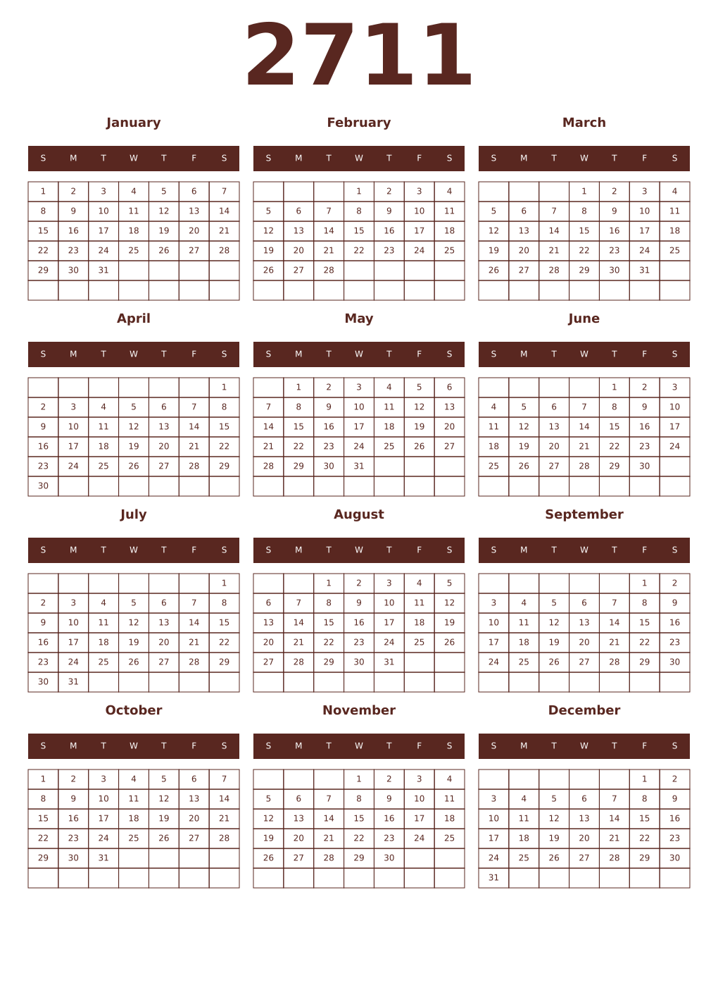 Printable 2711 Year Calendars mortuum