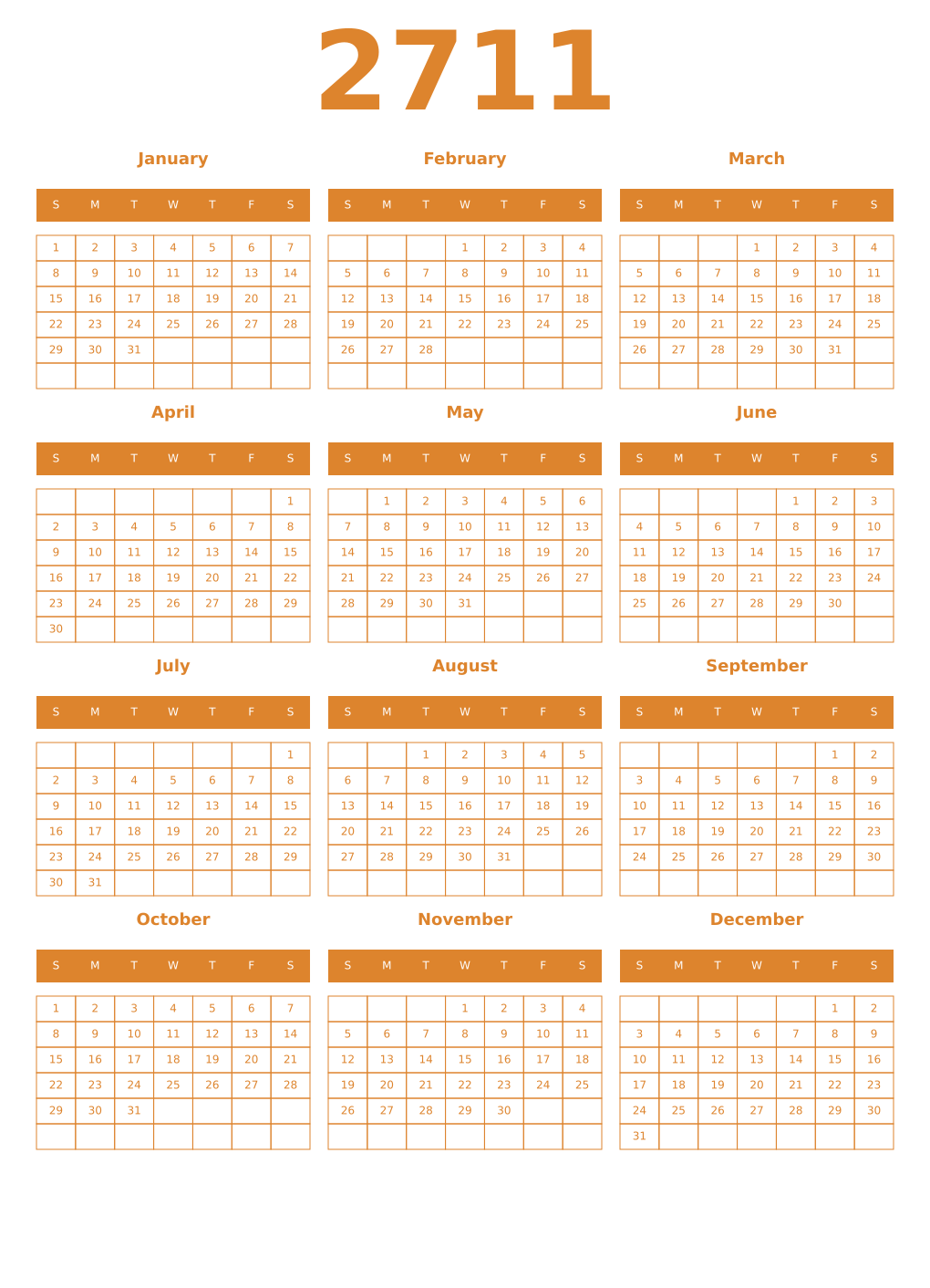 Printable 2711 Year Calendars orange