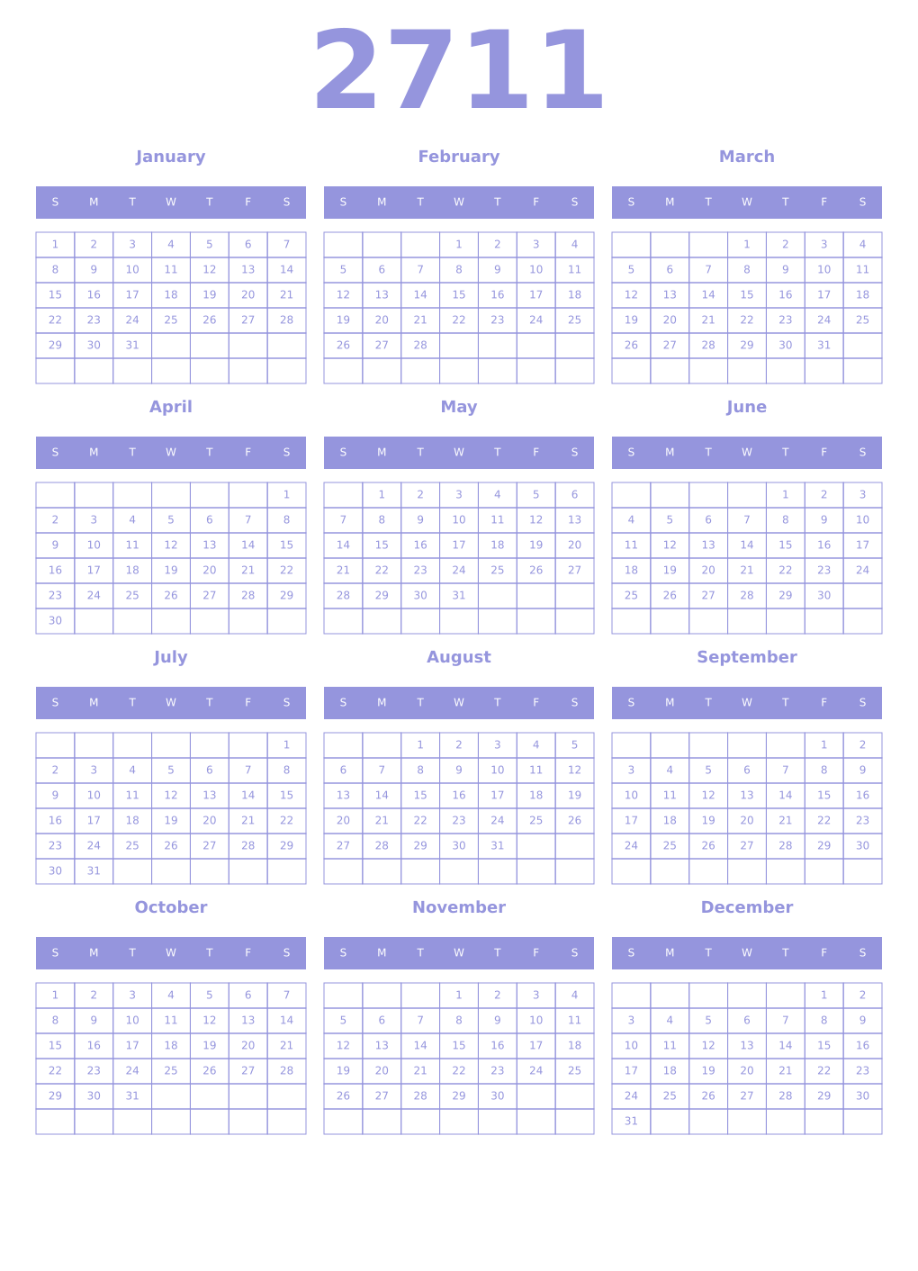 Printable 2711 Year Calendars periwinkle