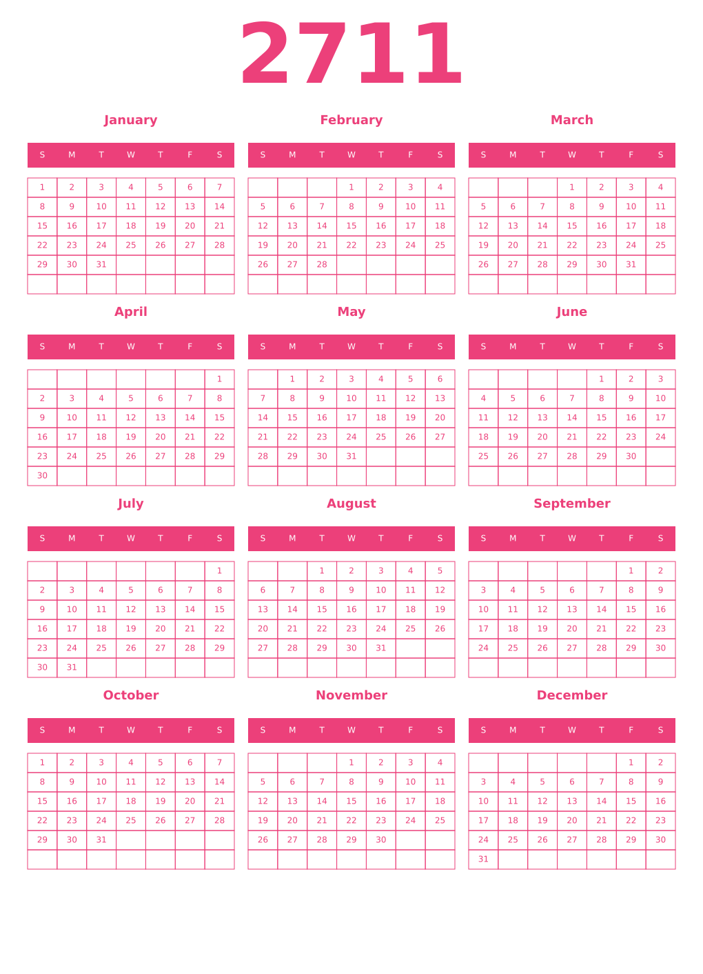 Printable 2711 Year Calendars pink