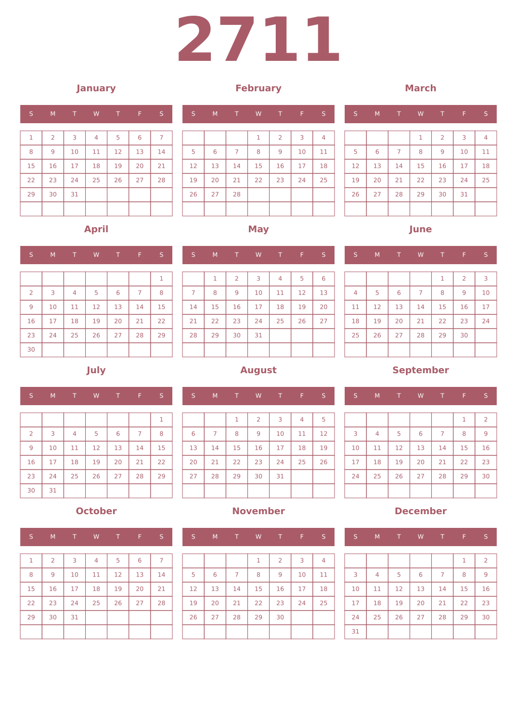 Printable 2711 Year Calendars puce