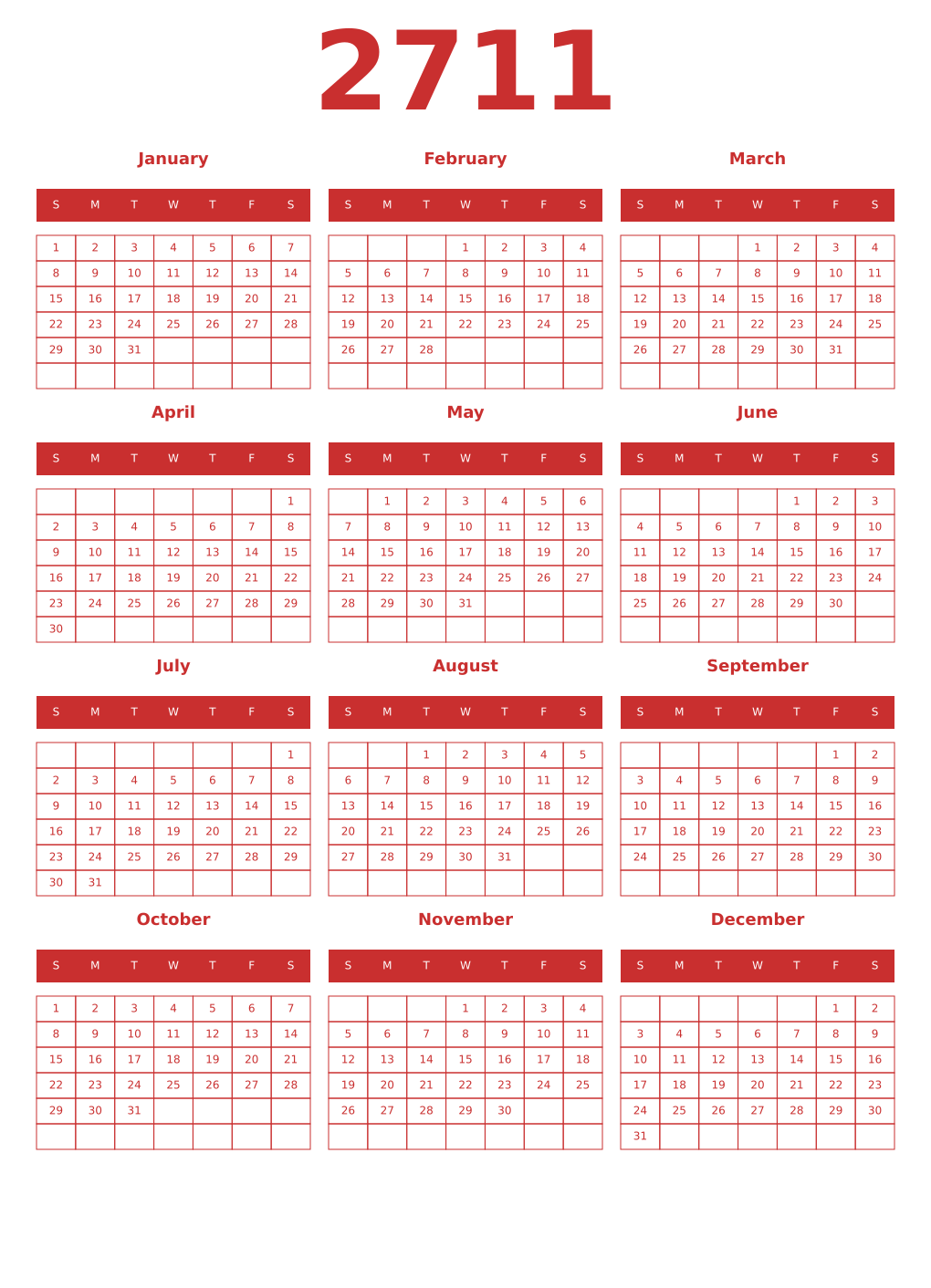 Printable 2711 Year Calendars red