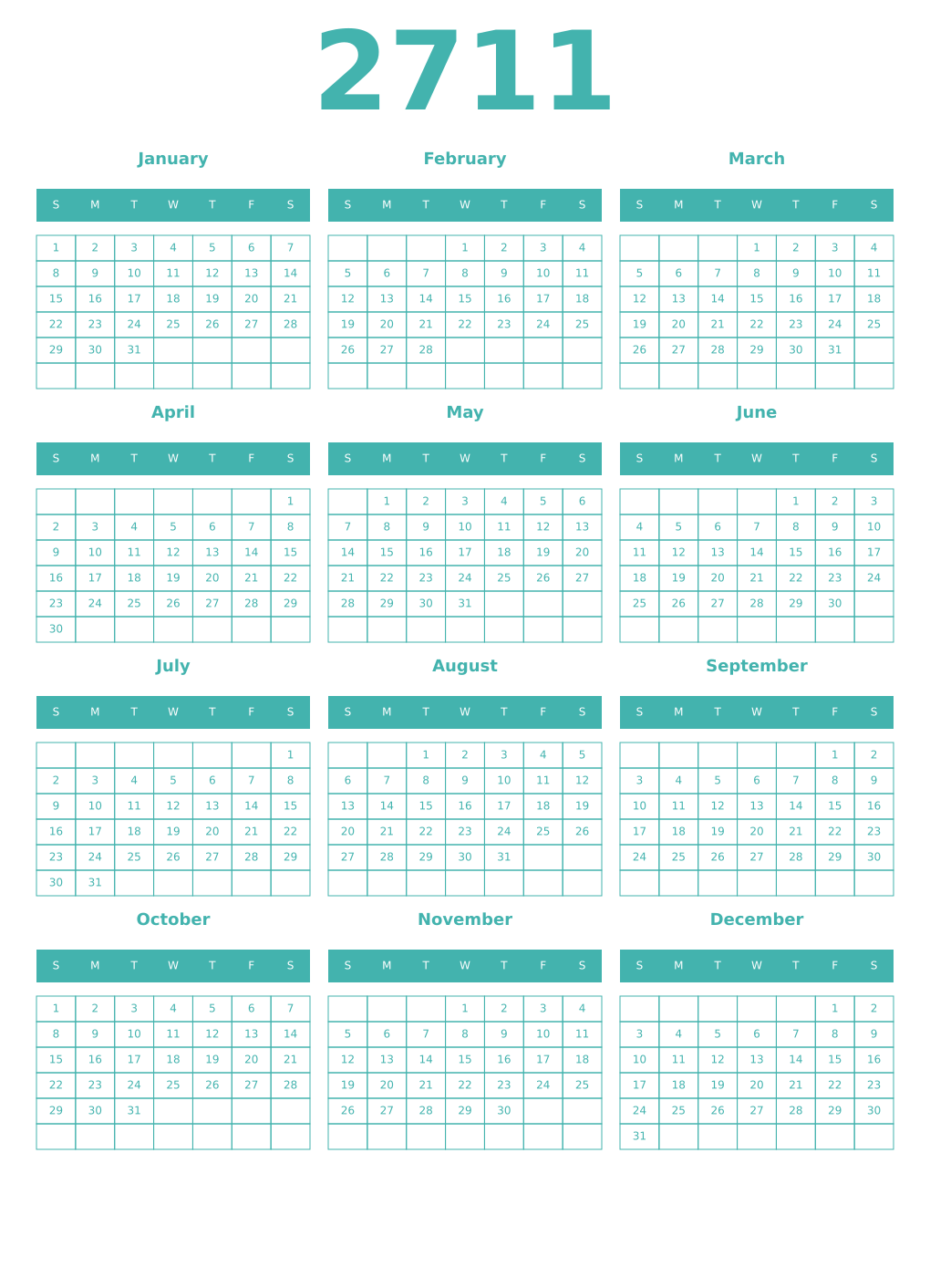 Printable 2711 Year Calendars verdigris