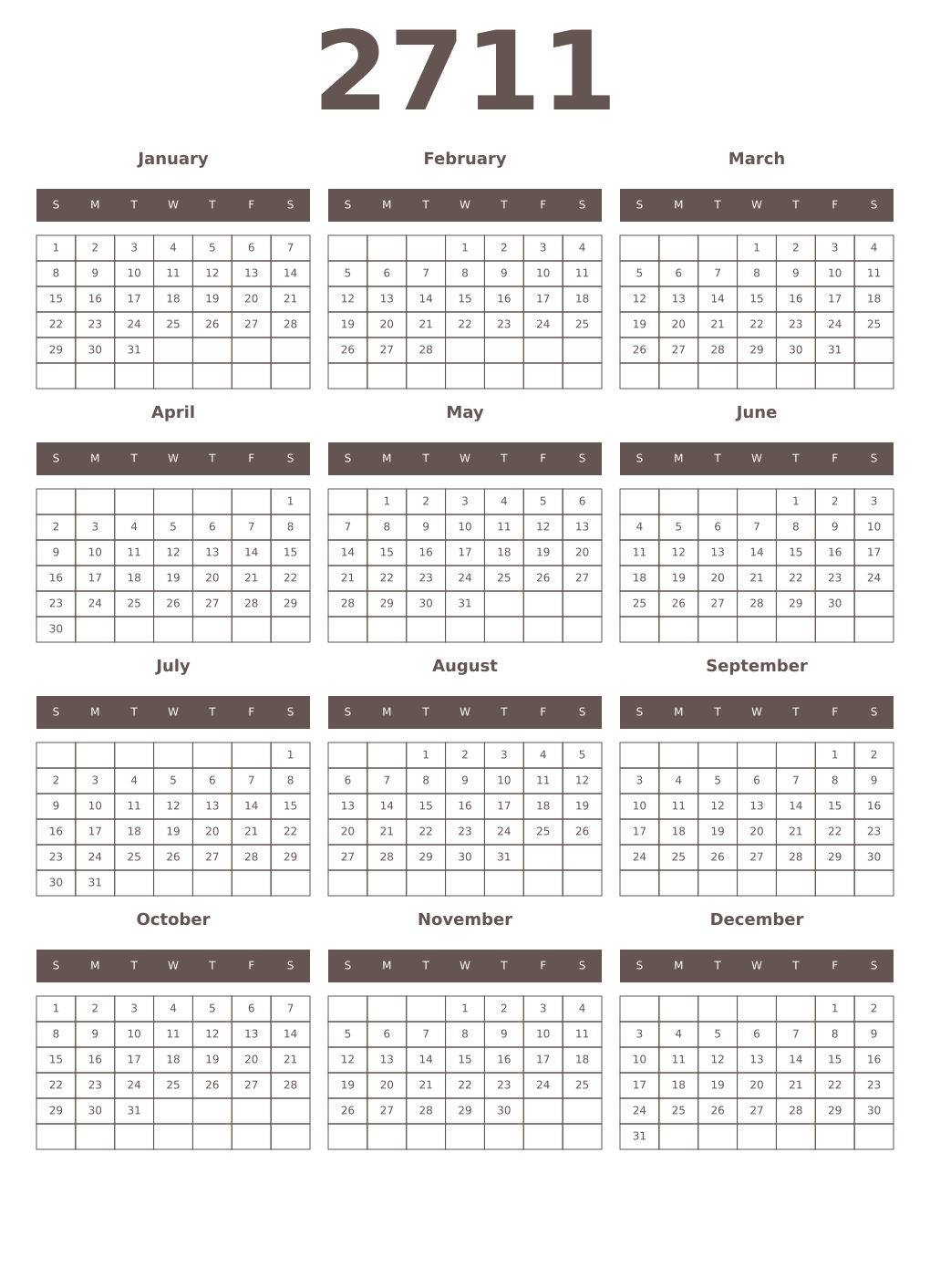 Printable 2711 Year Calendars wenge