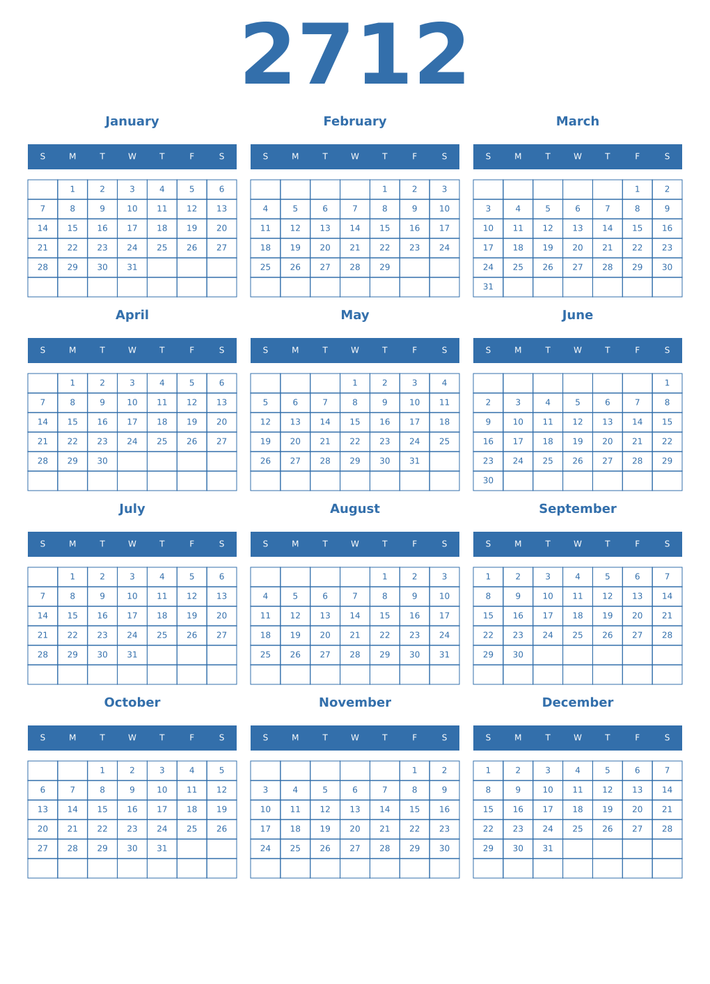 Printable 2712 Year Calendars blue