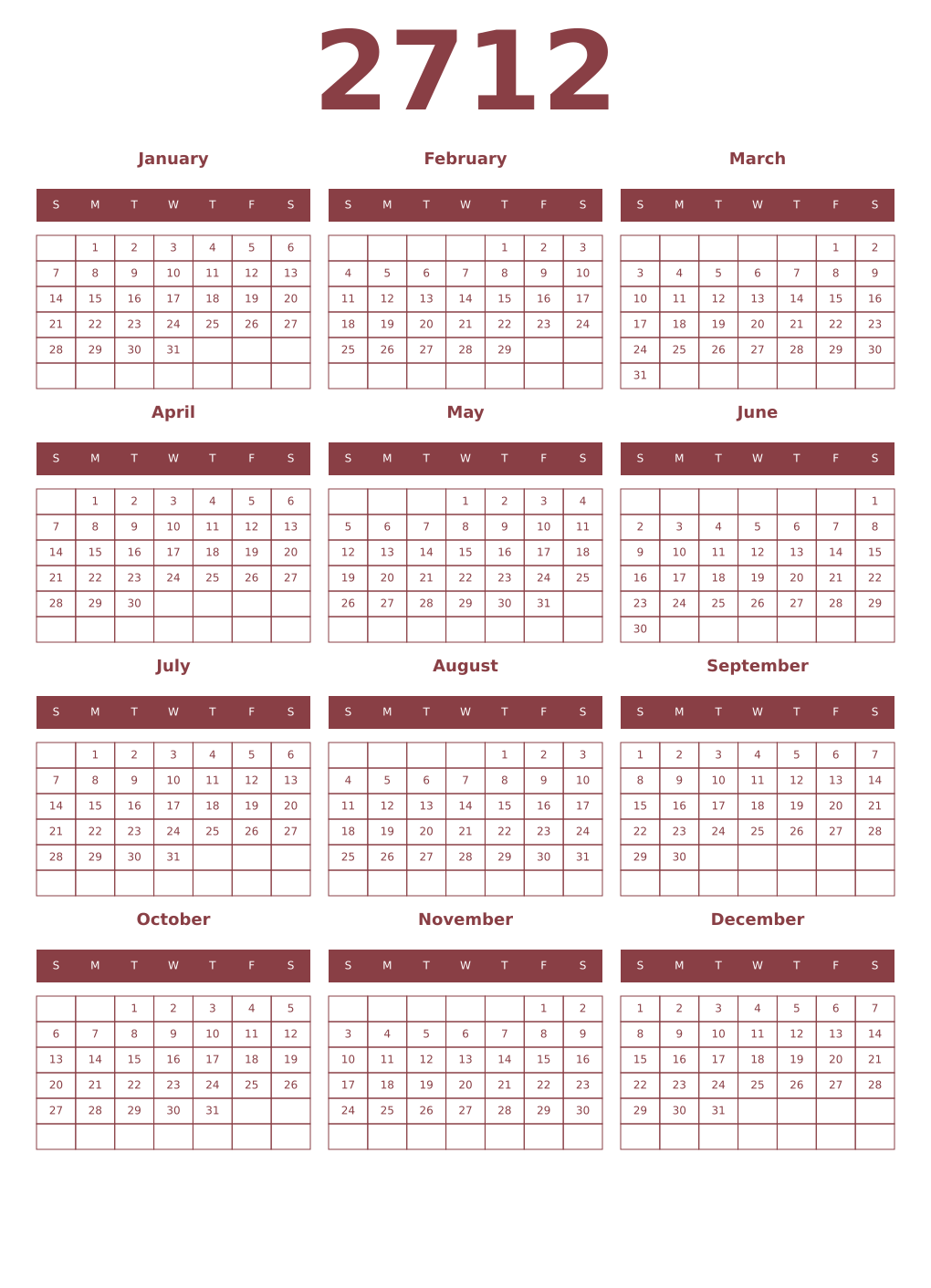 Printable 2712 Year Calendars cordovan