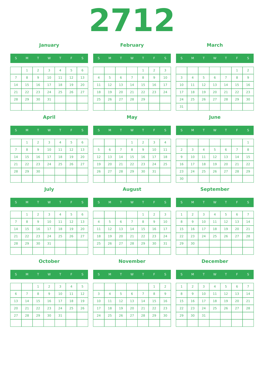 Printable 2712 Year Calendars green
