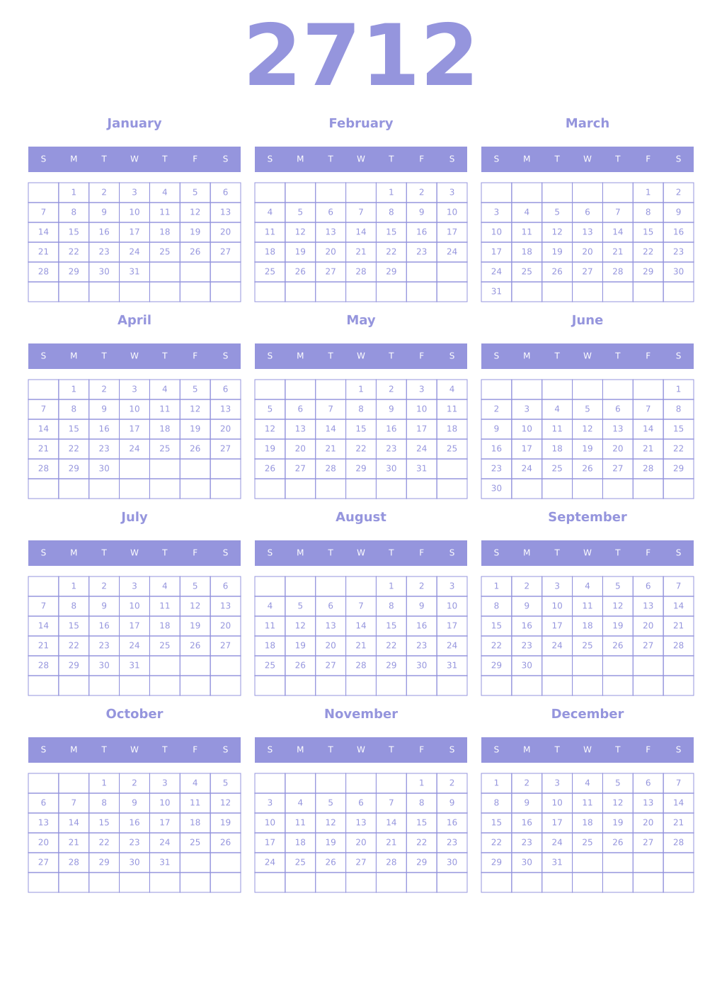 Printable 2712 Year Calendars periwinkle
