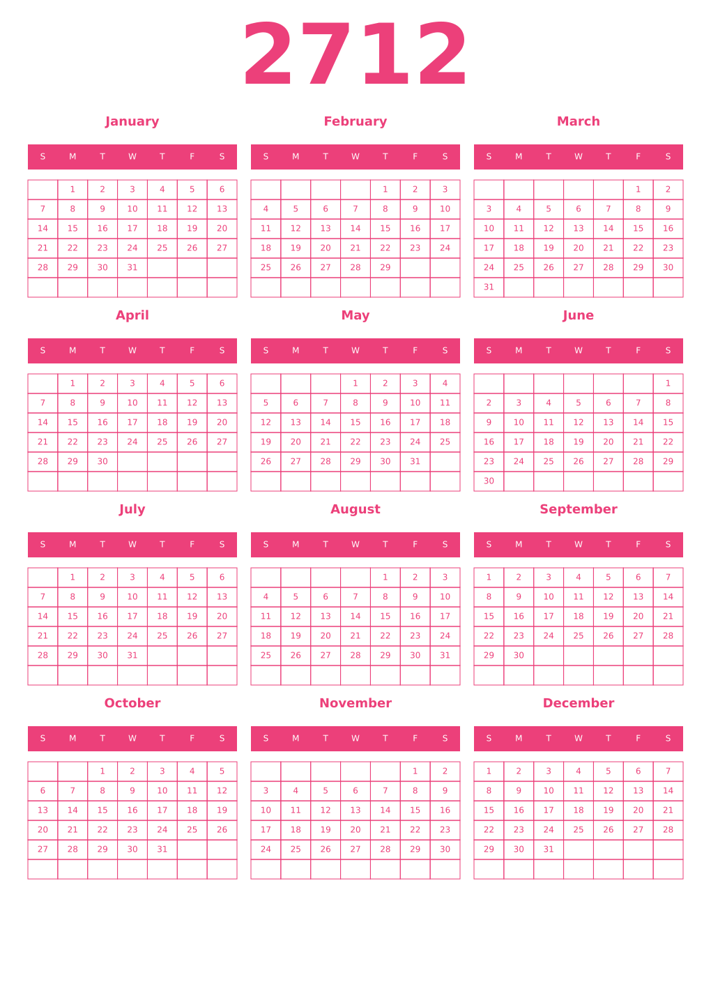 Printable 2712 Year Calendars pink