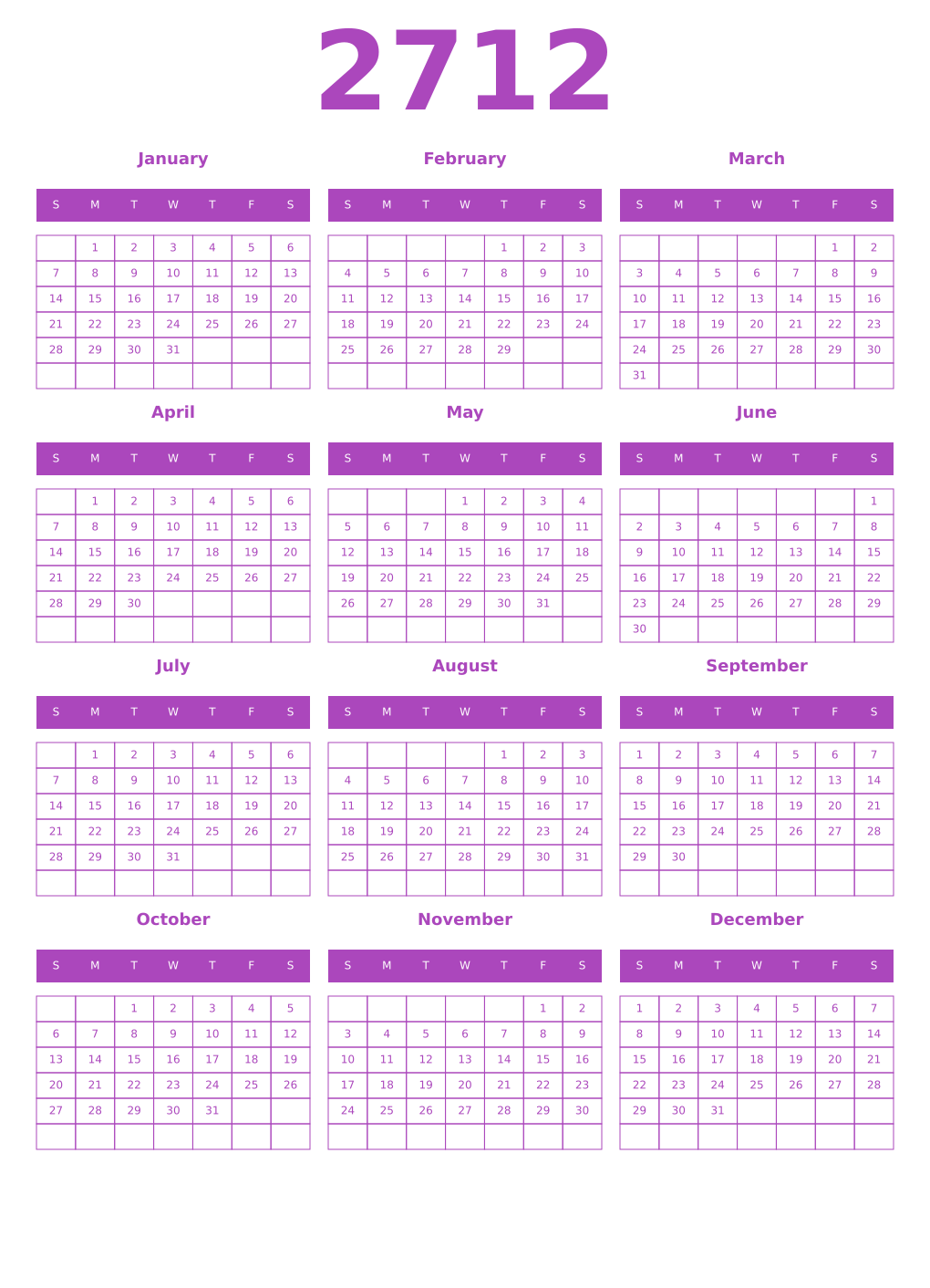 Printable 2712 Year Calendars purple