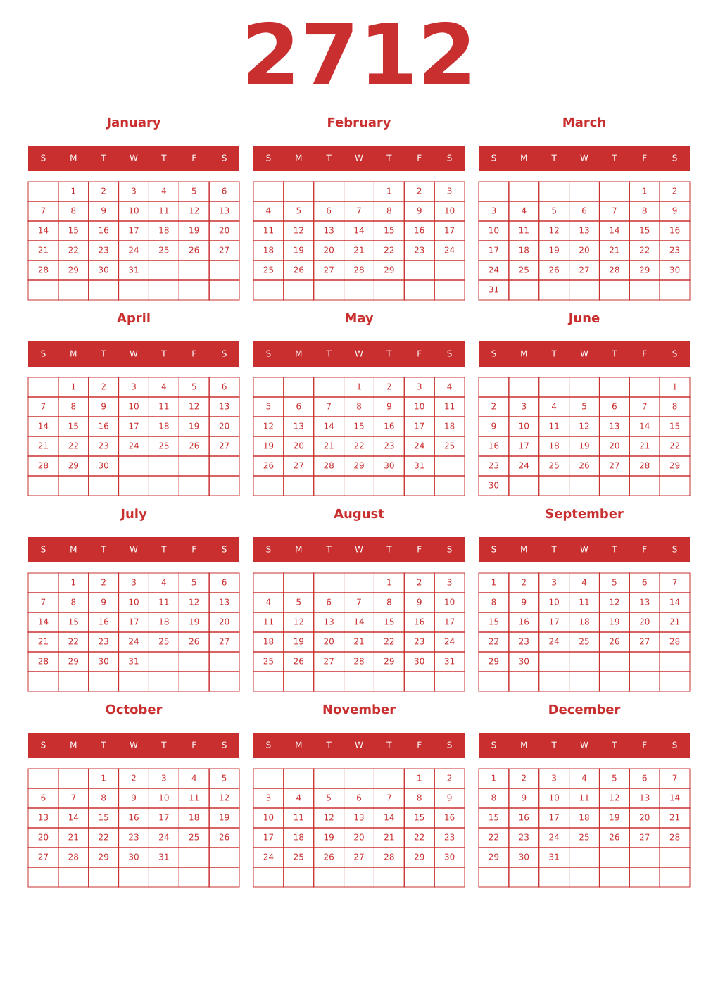 Printable 2712 Year Calendars red