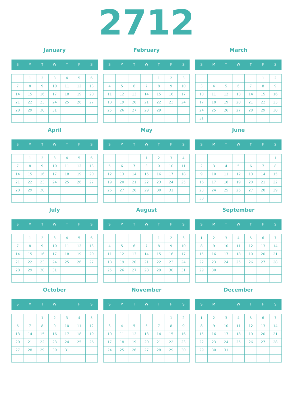 Printable 2712 Year Calendars verdigris