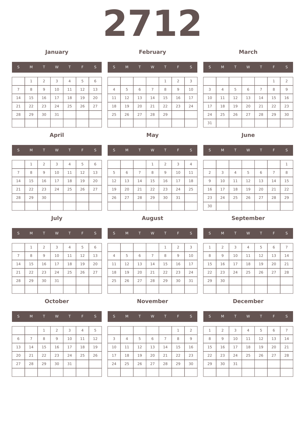Printable 2712 Year Calendars wenge