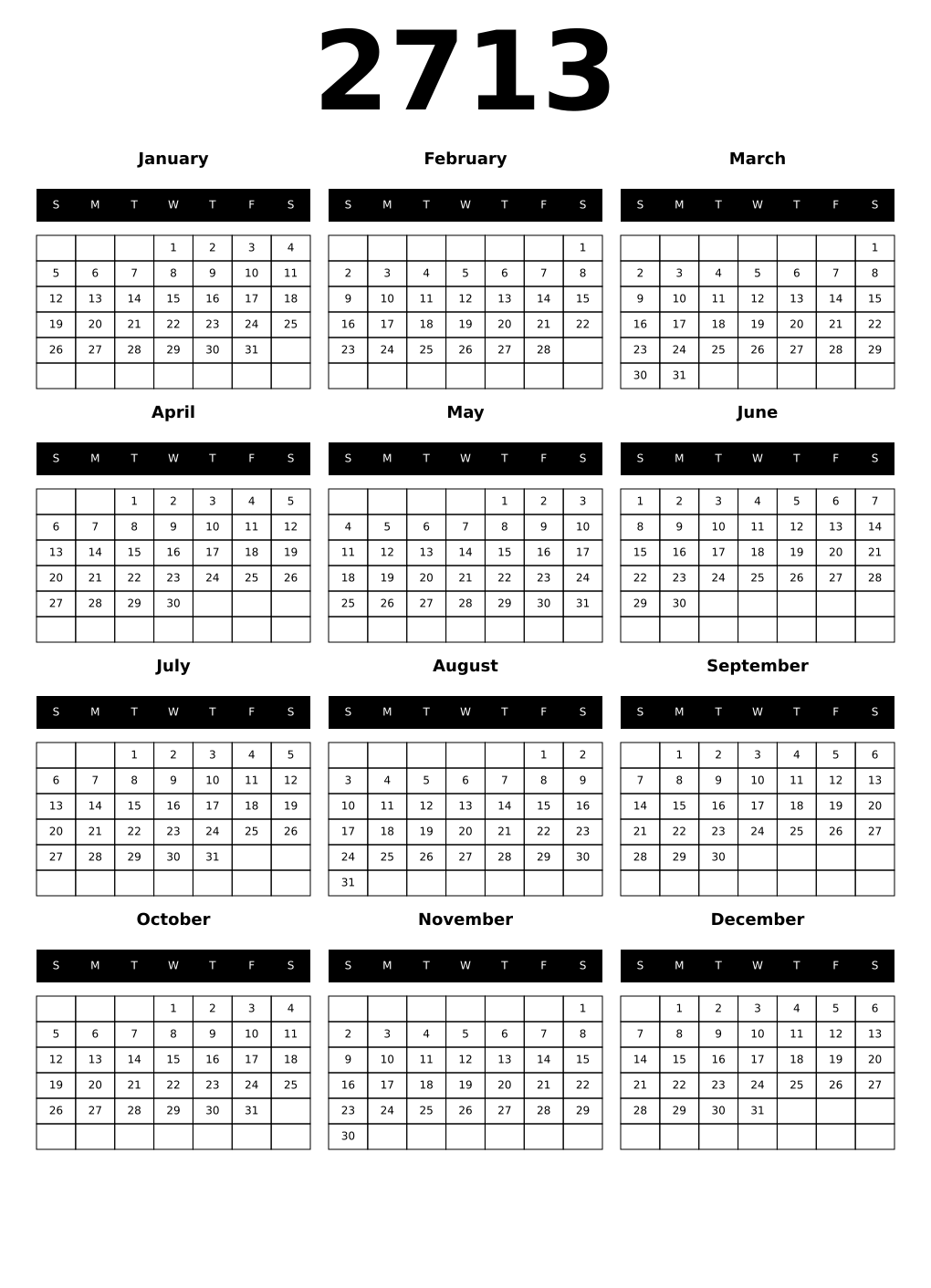 Printable 2713 Year Calendars black