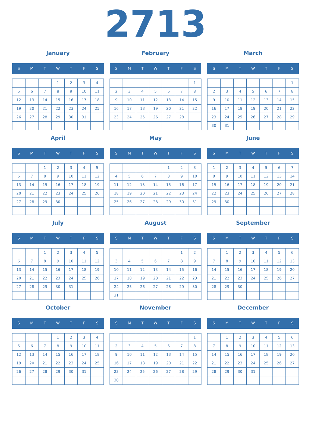 Printable 2713 Year Calendars blue