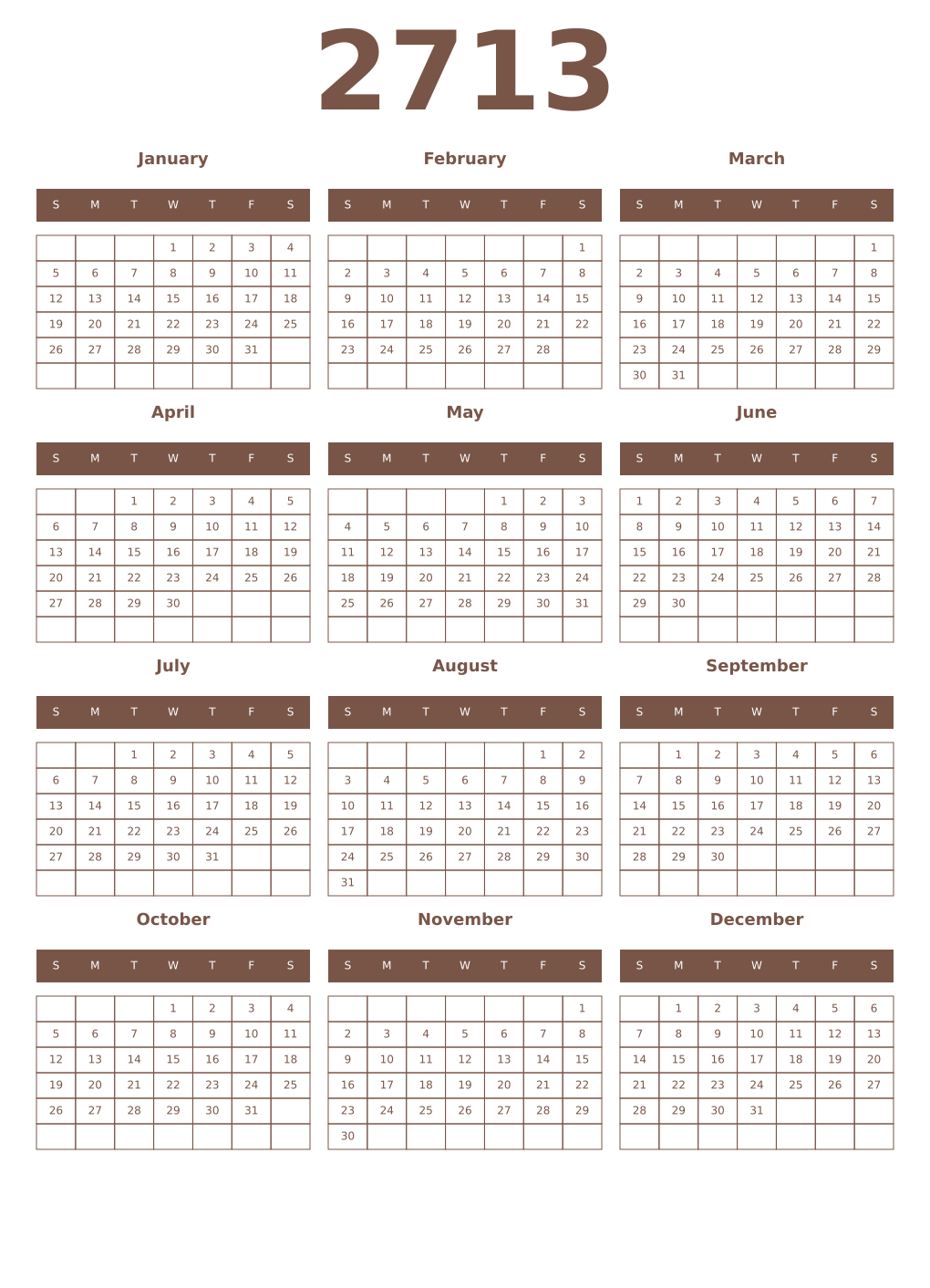 Printable 2713 Year Calendars coffe