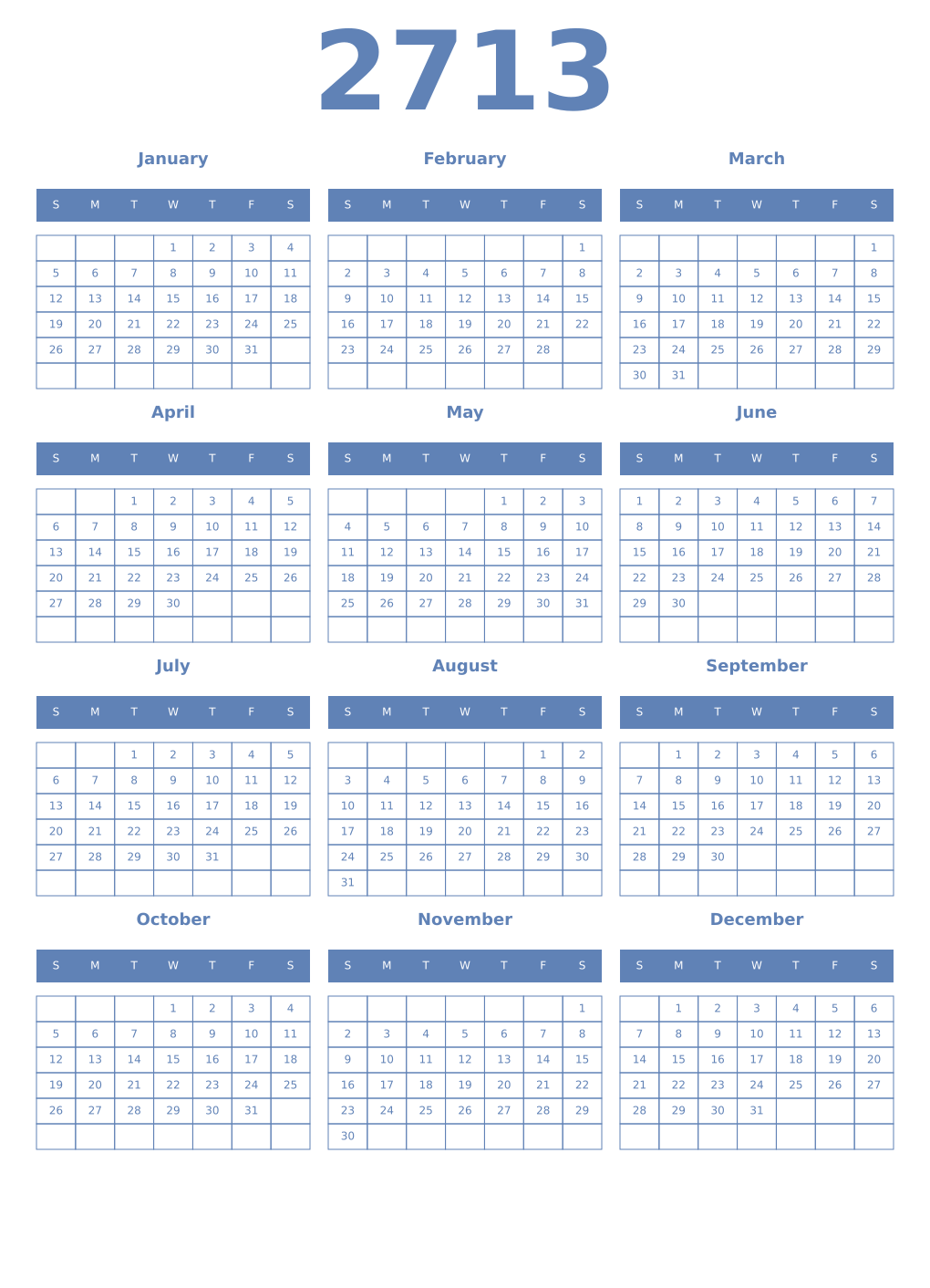 Printable 2713 Year Calendars glaucous