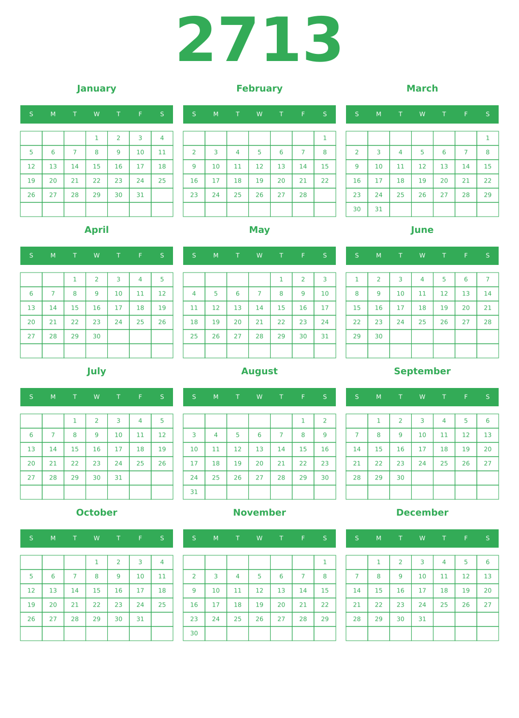 Printable 2713 Year Calendars green