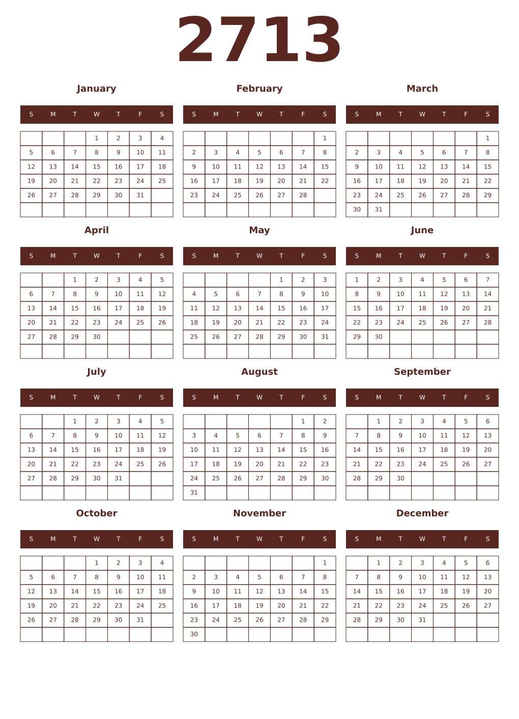 Printable 2713 Year Calendars mortuum