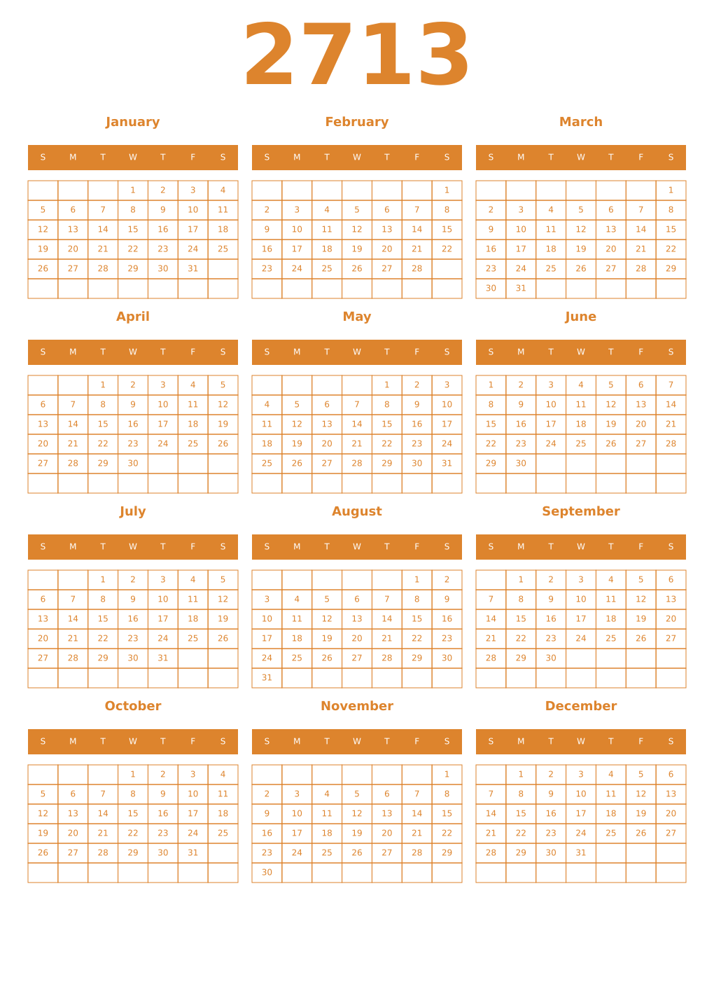 Printable 2713 Year Calendars orange