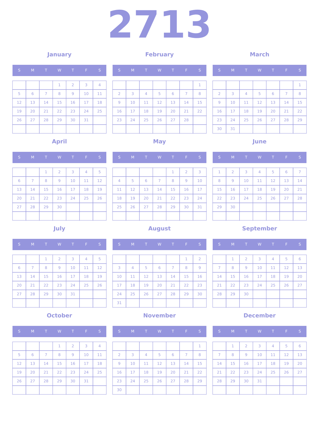 Printable 2713 Year Calendars periwinkle