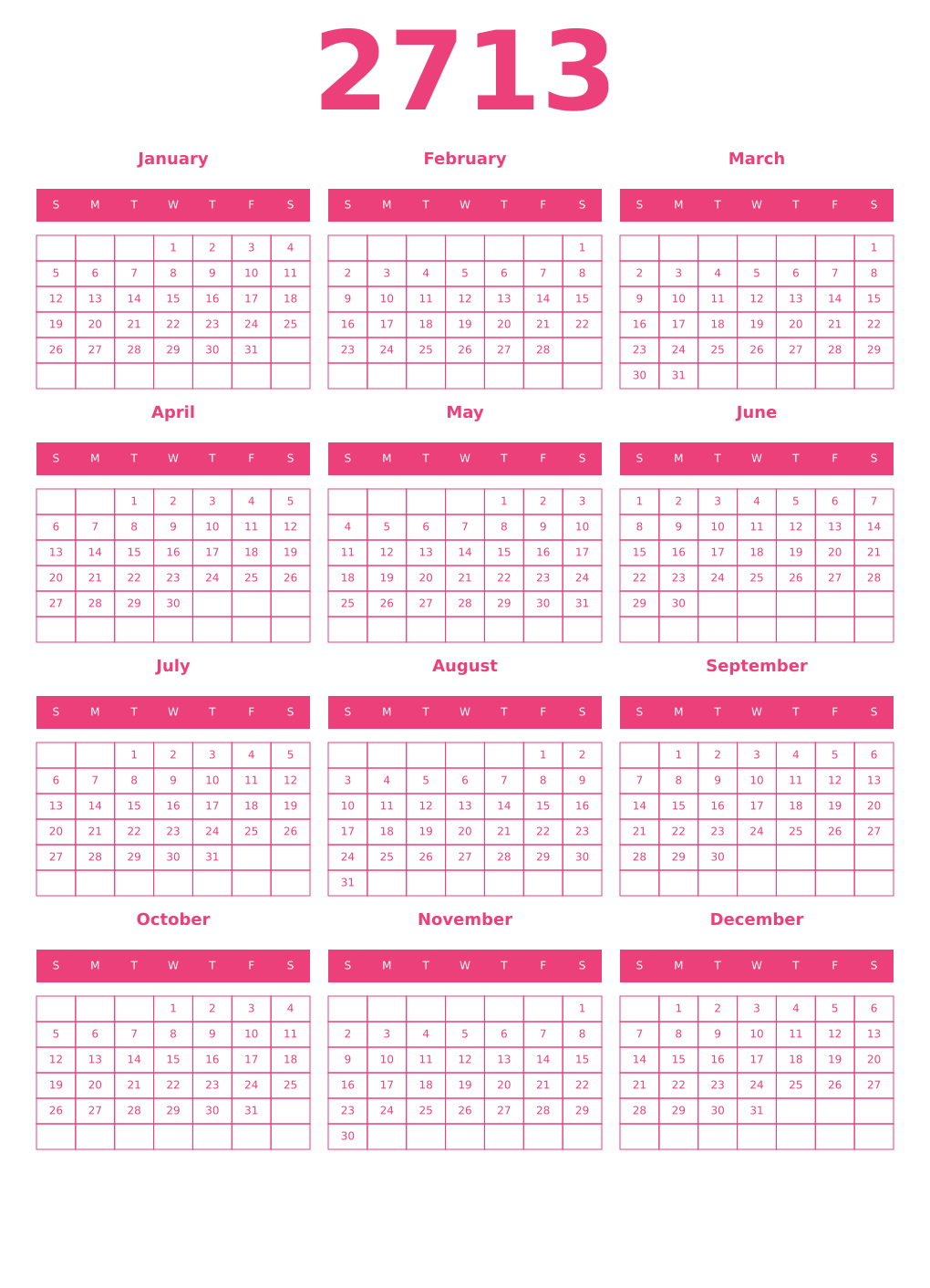 Printable 2713 Year Calendars pink
