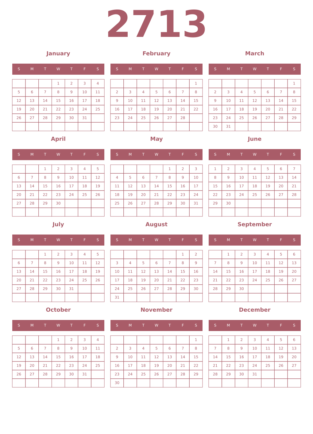 Printable 2713 Year Calendars puce