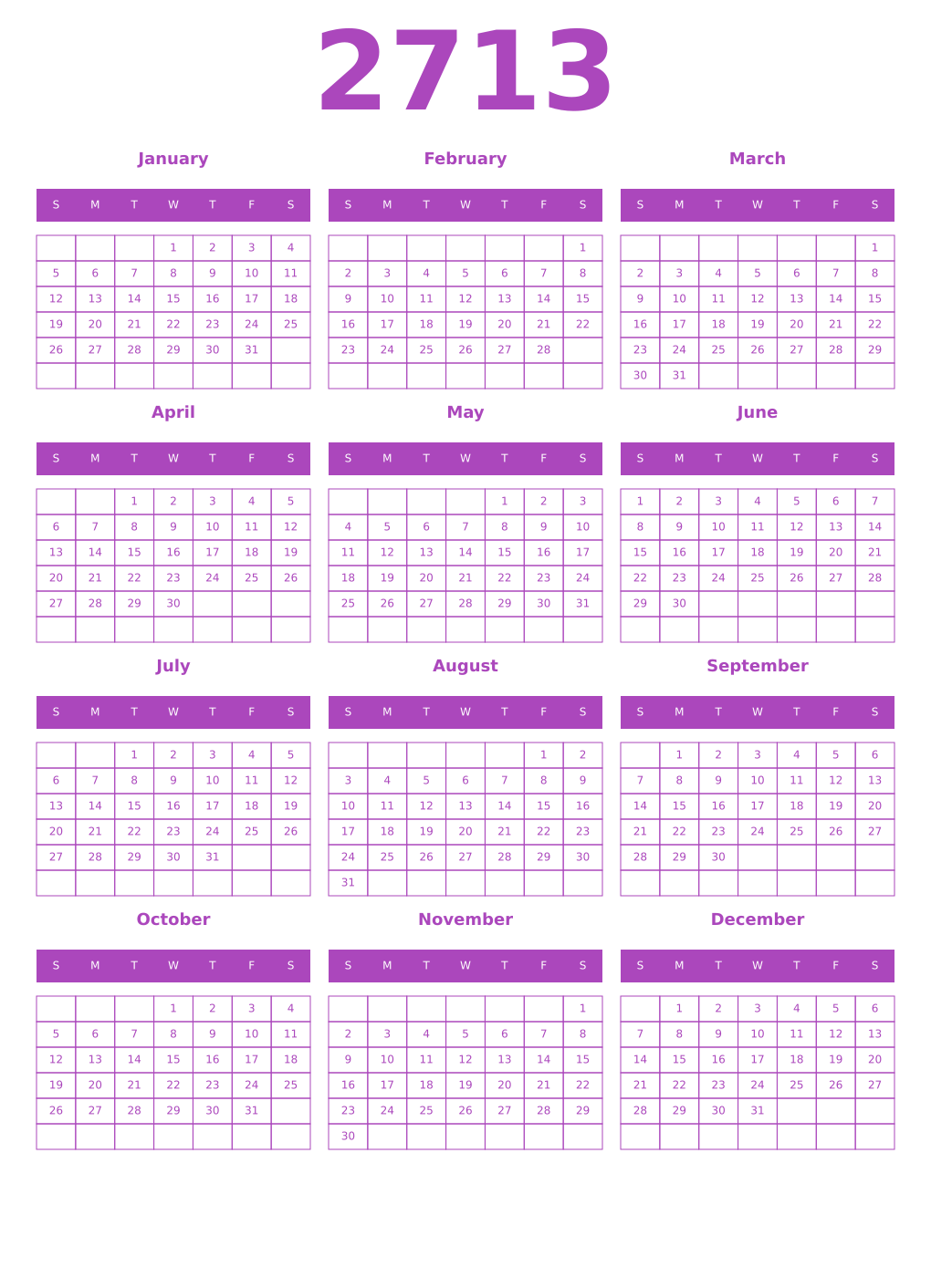 Printable 2713 Year Calendars purple