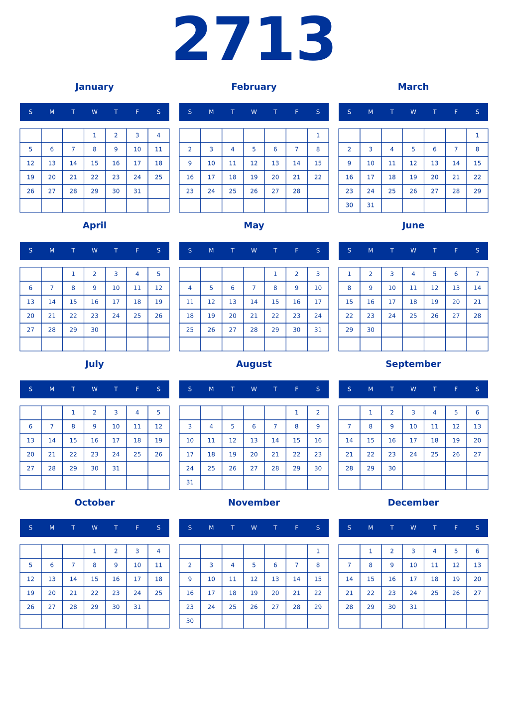 Printable 2713 Year Calendars smalt