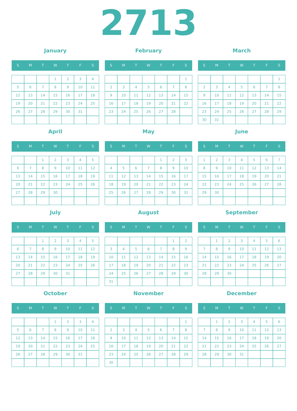 Printable 2713 Year Calendars verdigris