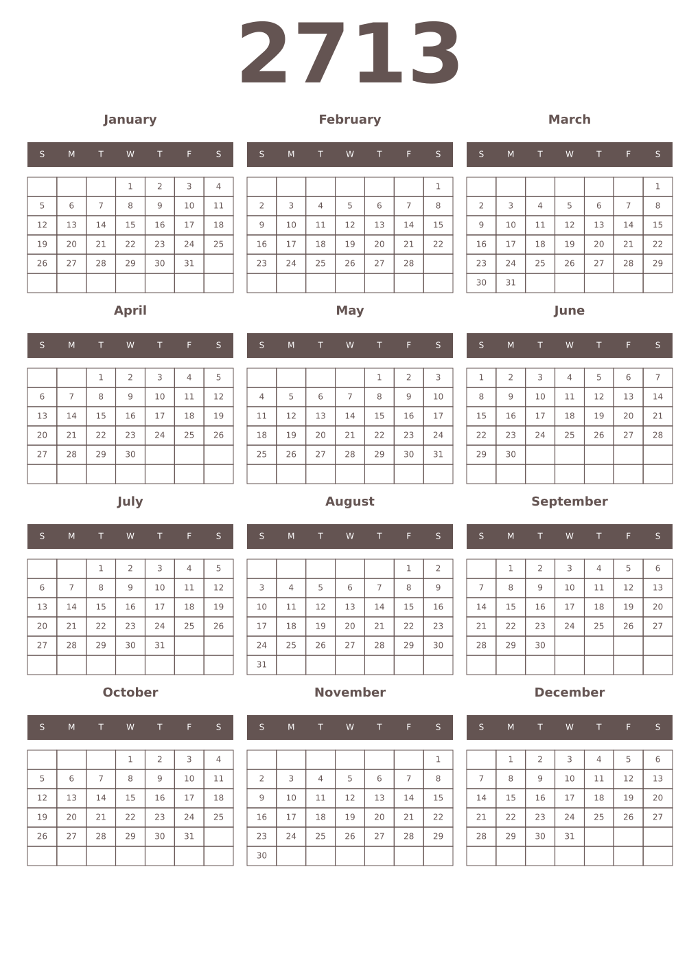 Printable 2713 Year Calendars wenge