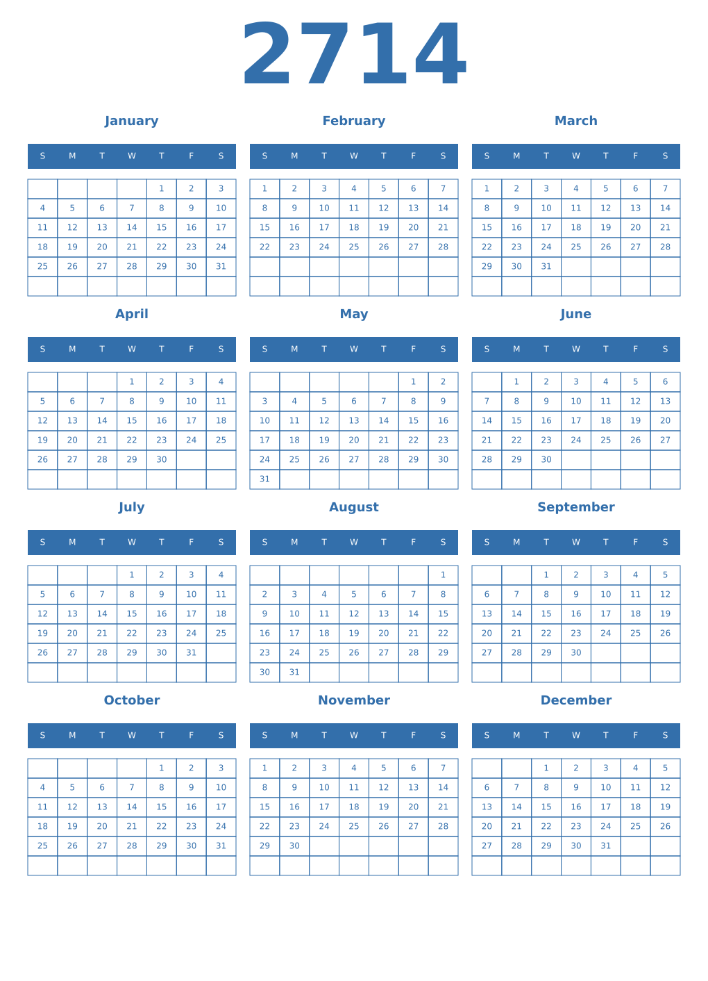 Printable 2714 Year Calendars blue