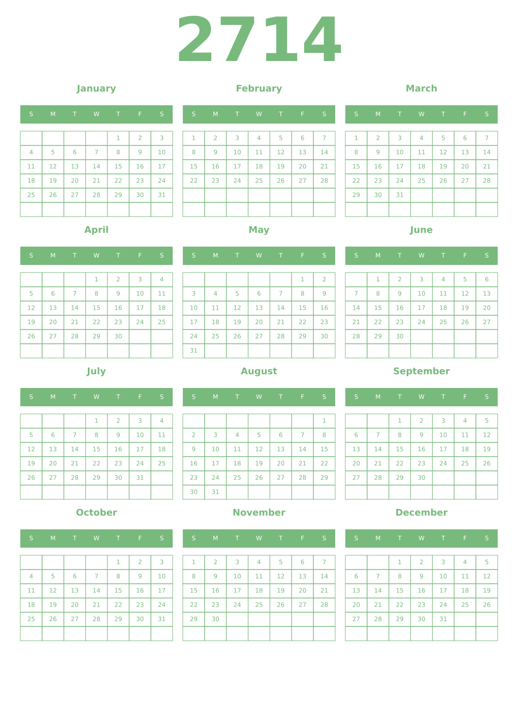 Printable 2714 Year Calendars celadon