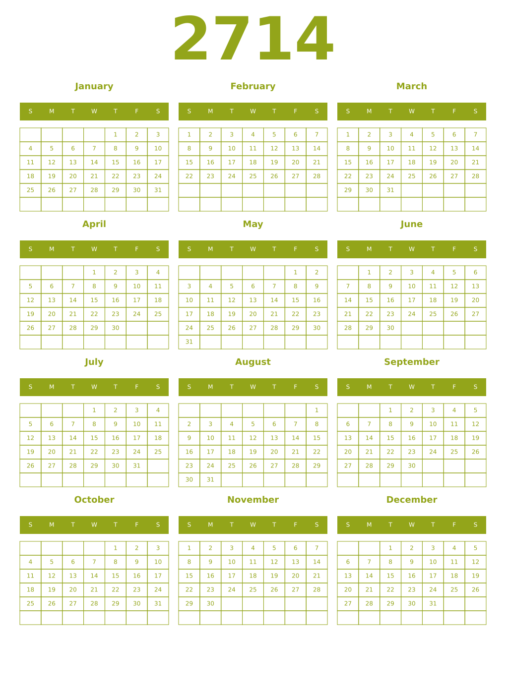 Printable 2714 Year Calendars chartreuse