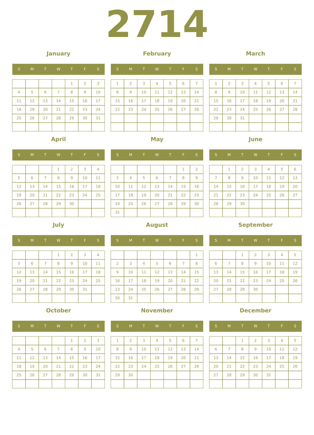 Printable 2714 Year Calendars eburnean