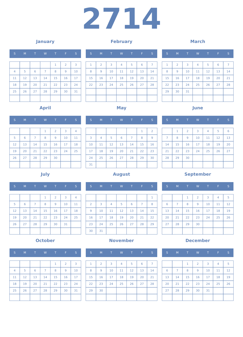 Printable 2714 Year Calendars glaucous