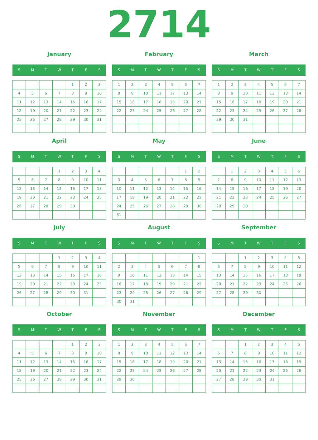Printable 2714 Year Calendars green