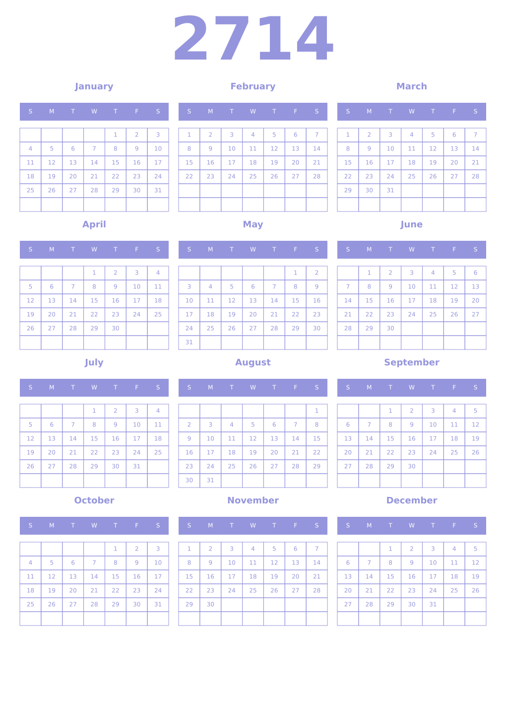 Printable 2714 Year Calendars periwinkle