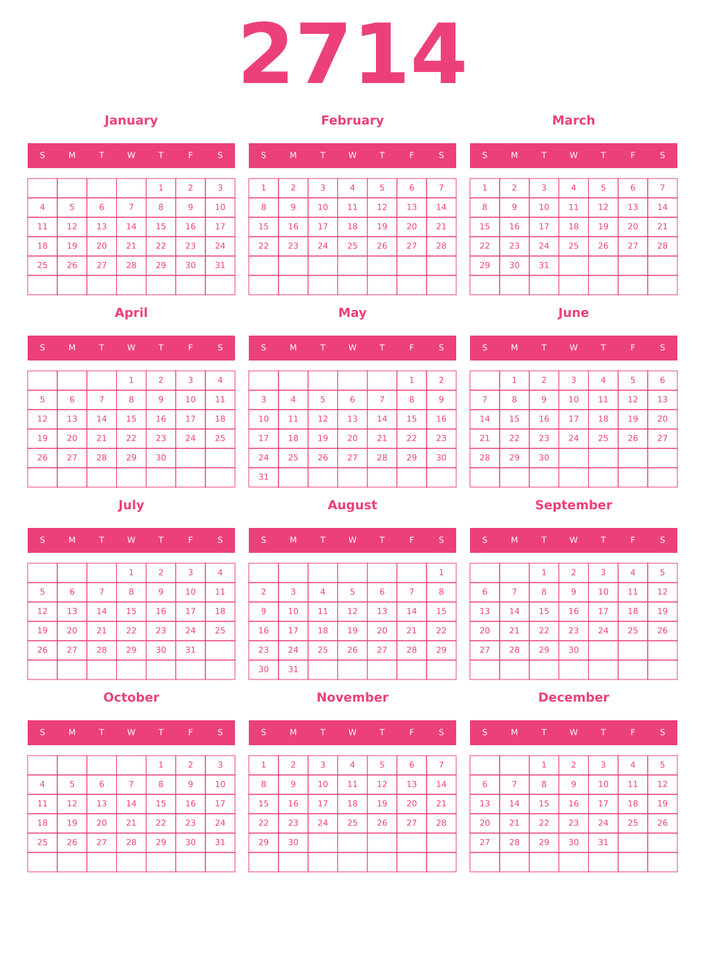 Printable 2714 Year Calendars pink