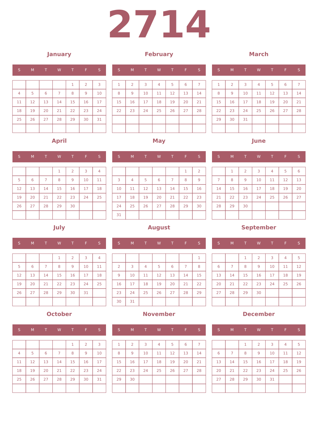 Printable 2714 Year Calendars puce