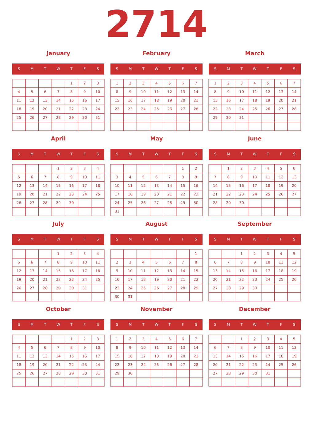 Printable 2714 Year Calendars red