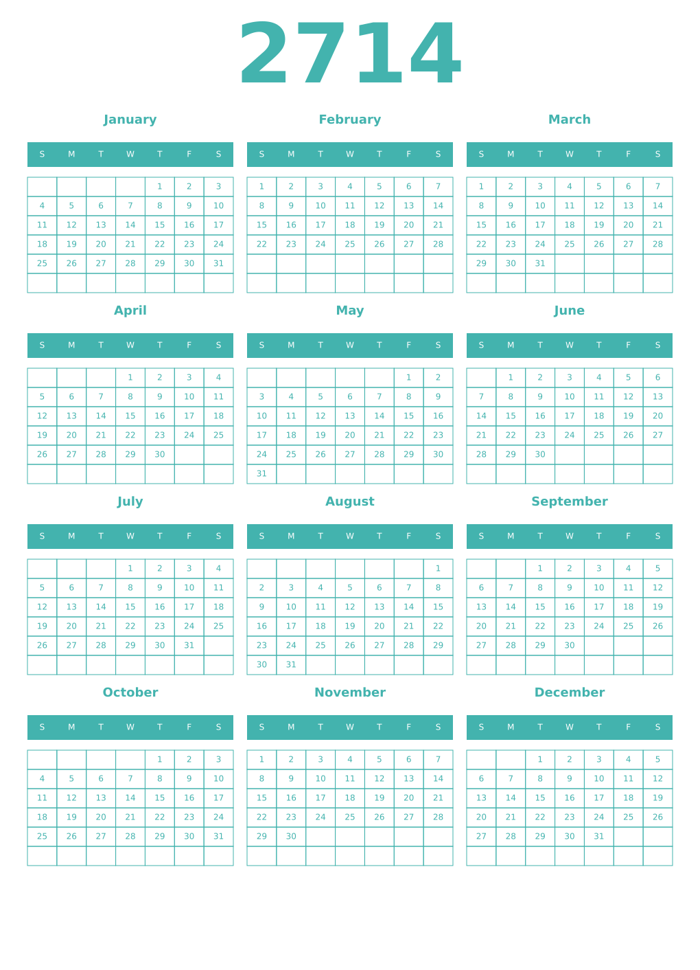 Printable 2714 Year Calendars verdigris