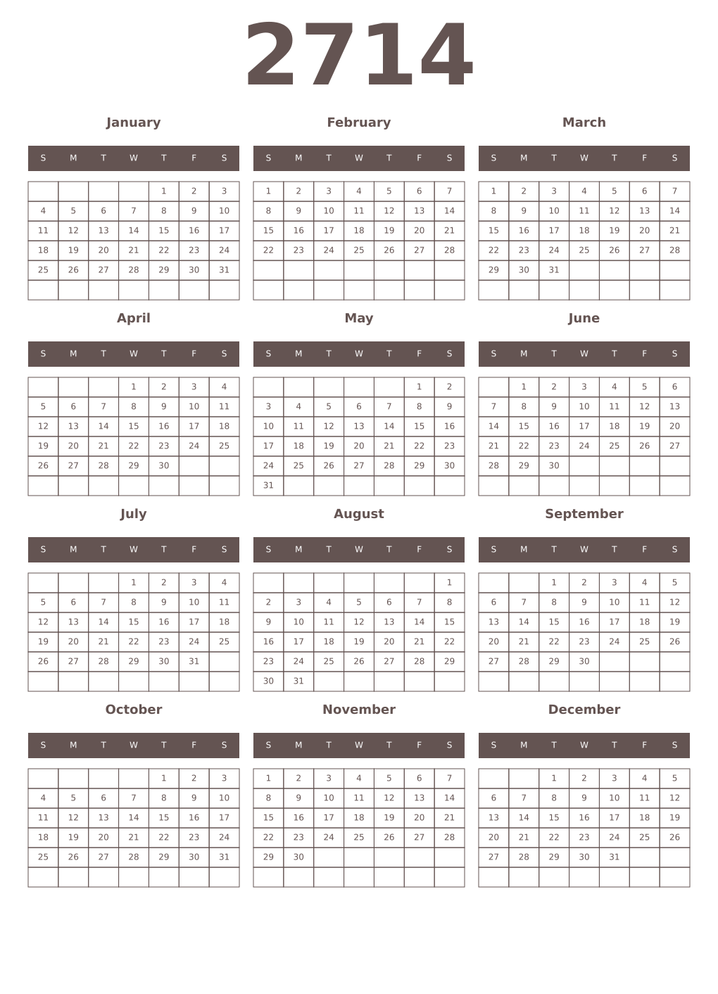 Printable 2714 Year Calendars wenge
