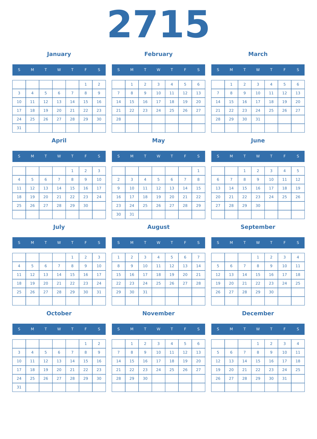 Printable 2715 Year Calendars blue